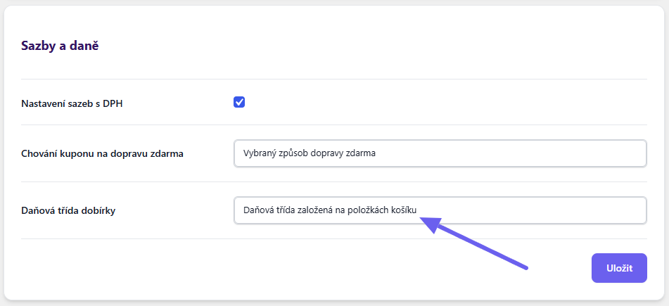 Plugin Toret GO balík - nastavení daňové třídy dobírky