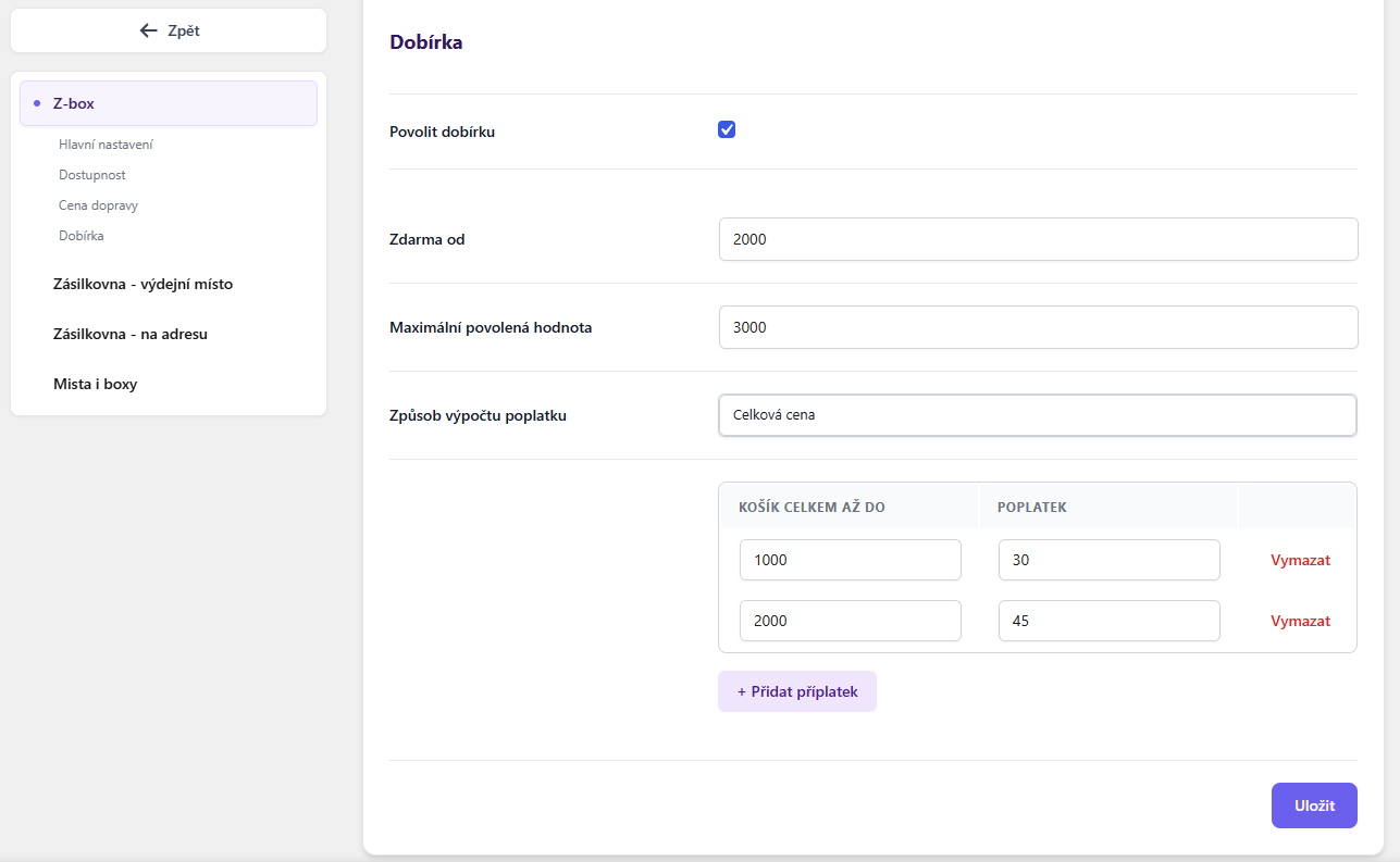 Plugin Toret GO balík - nastavení dobírky