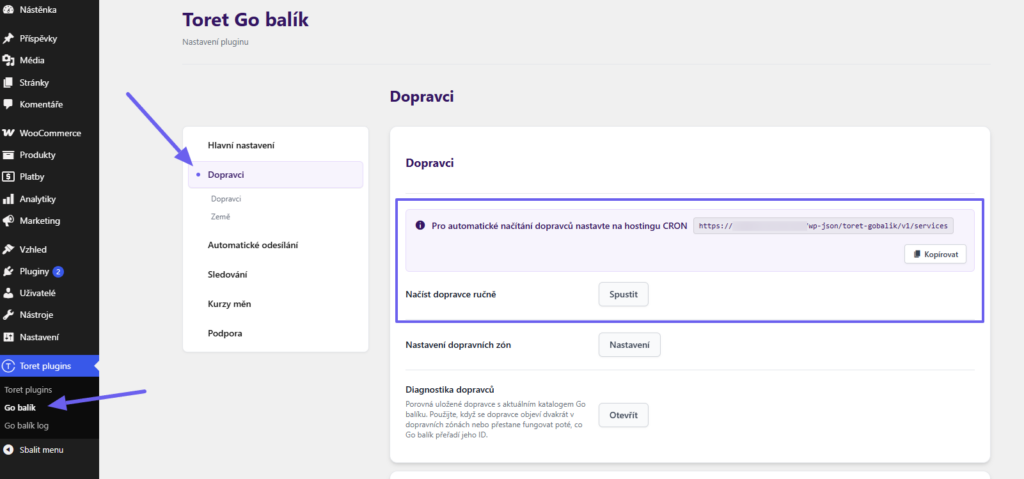 Plugin Toret GO balík - nastavení dopravců