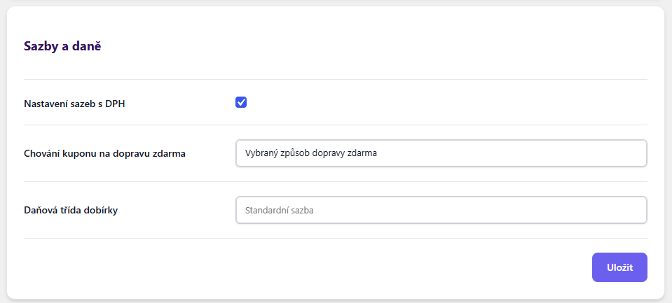 Plugin Toret GO balík - nastavení sazby a daní