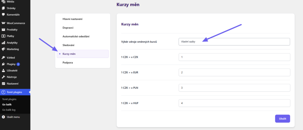 Plugin Toret GO balík - nastavení směnných kurzů