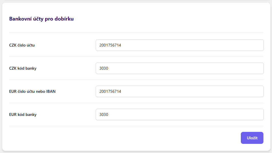 Plugin Toret GO balík - nastavení účtů pro dobírku
