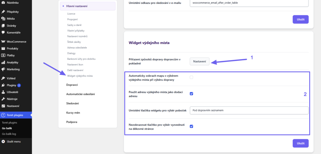 Plugin Toret GO balík - nastavení widgetu