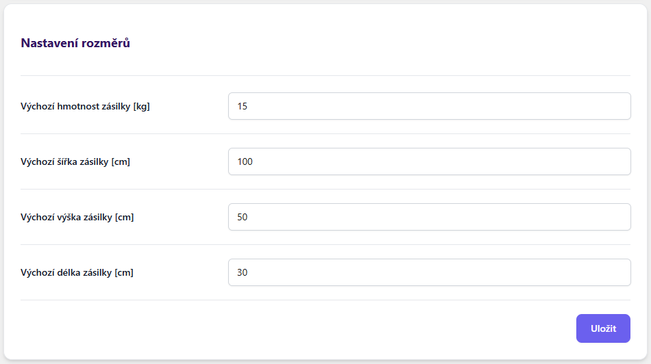 Plugin Toret GO balík - výchozí rozměry zásilky