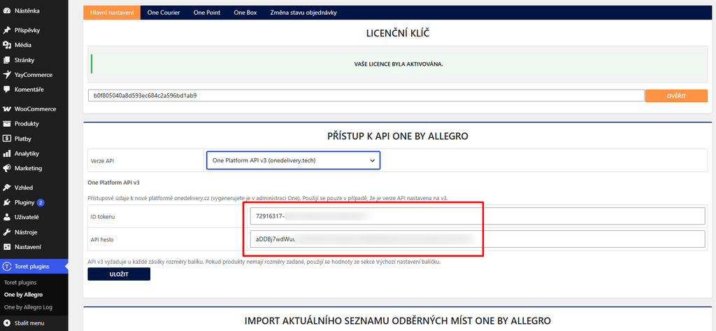 Plugin Toret One by Allegro -  vložení tokenu