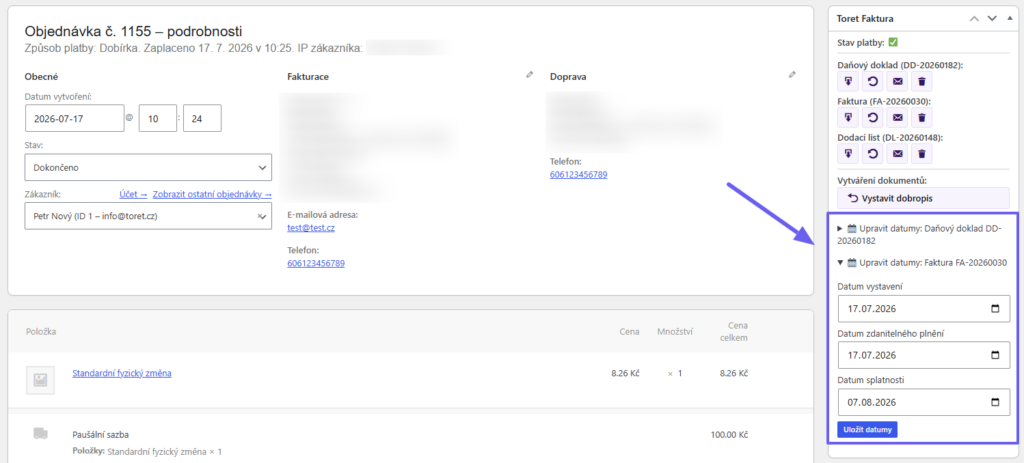 Editing of the issue date, due date, and taxable supply date in the Toret Invoice plugin