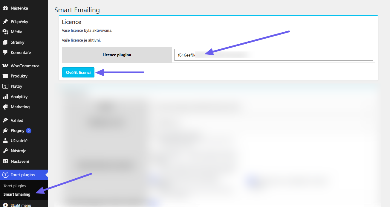 Plugin Toret Smart E-mailing - aktivace licence