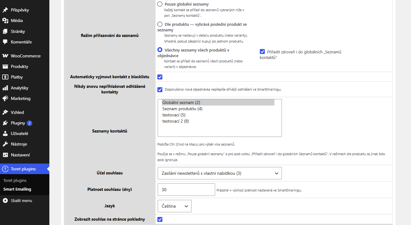 Plugin Toret Smart Emailing – přiřazování do seznamů