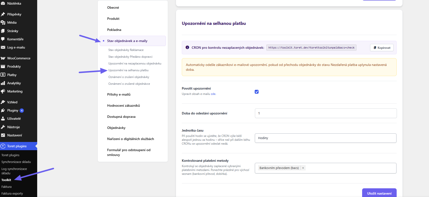 Plugin Toret Toolkit - nastavení upozornění na selhanou platbu