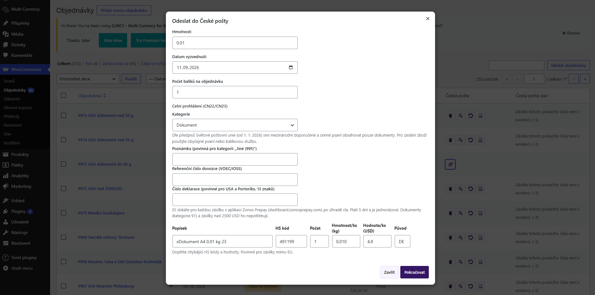 plugin Česká Pošta - podací dialog s tabulkou celního prohlášení