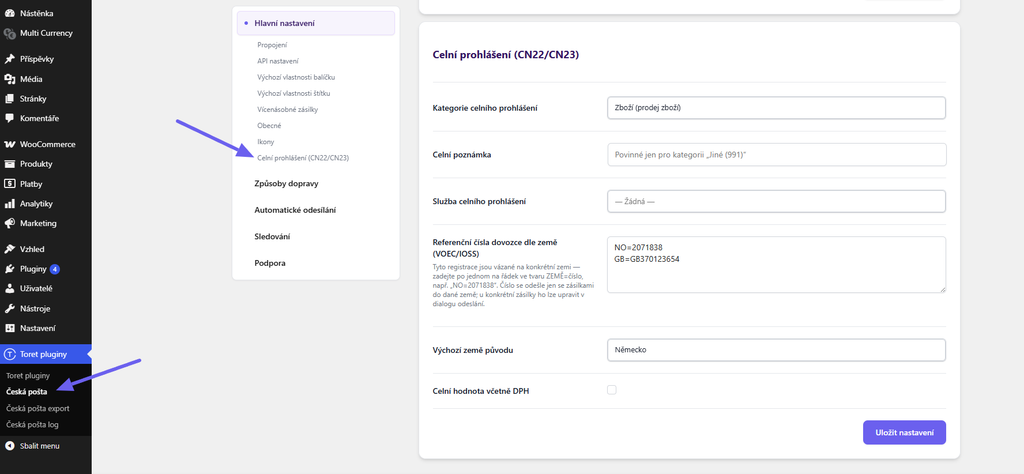 plugin Česká Pošta - sekce Celní prohlášení v nastavení pluginu