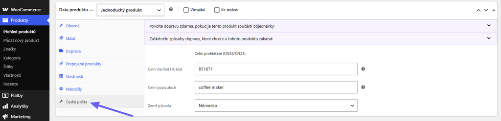 plugin Česká Pošta - záložka Česká pošta v detailu produktu