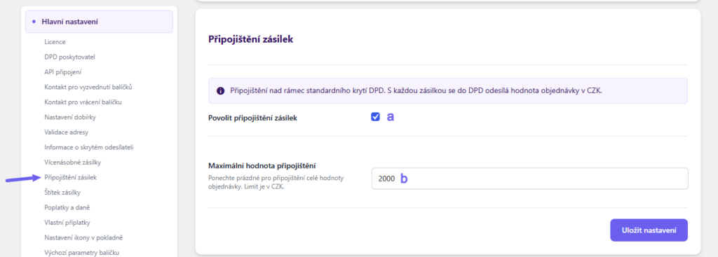 plugin Toret DPD - připojištění zásilek