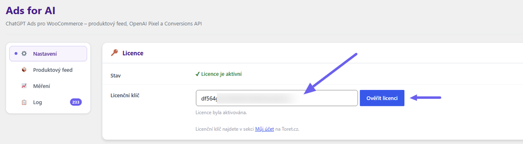 Toret Ads for AI - Aktivace licence