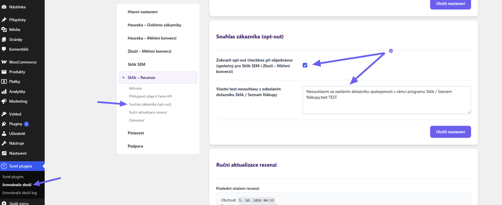 Plugin Srovnávače zboží - Fenix API recenze - nastavení opt-out pro zasílání dotazníků